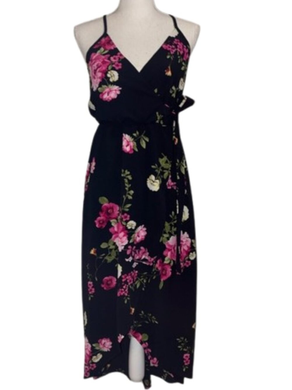 Scobe Black High-Low Dress with PINK Floral and Green Leaf Print